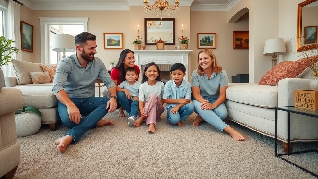 Elegant family living room in St. Charles MO, beautifully installed professional carpet flooring and satisfied family