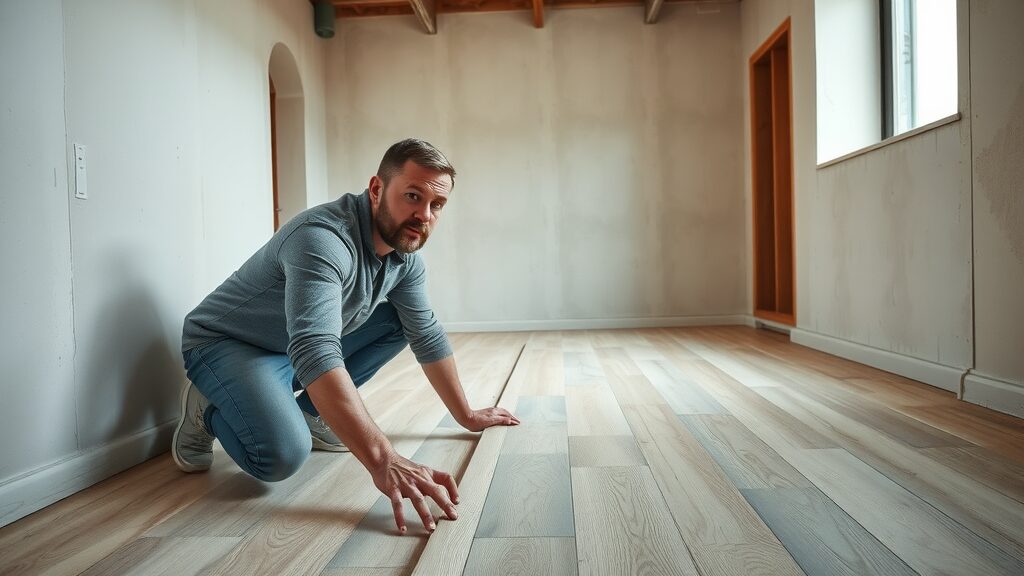 experienced flooring expert laying out first row of laminate planks, aligning planks along straight wall