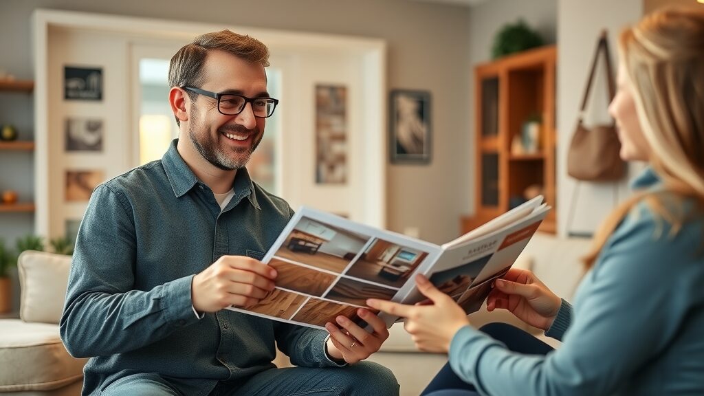 experienced hardwood floor refinishing expert shows portfolio to St. Charles clients, cozy living room, polished wood flooring samples, friendly consultation