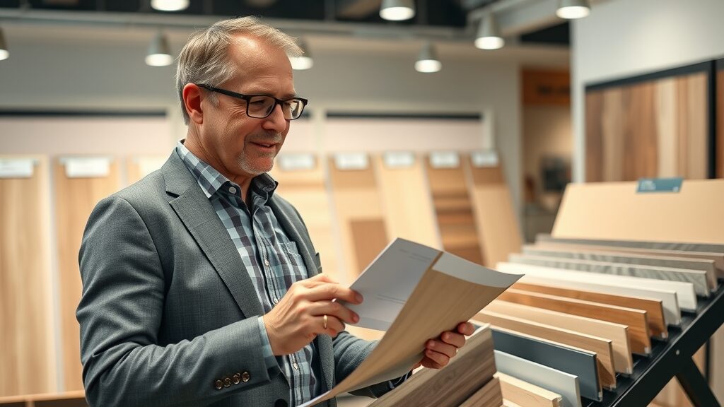 flooring st. charles expert with samples in showroom, discussing best flooring materials