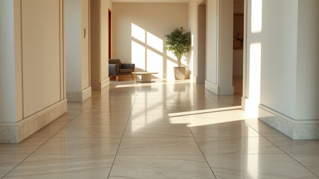 sophisticated hallway with polished natural stone flooring, modern decor, flooring trends 2025, natural sunlight.