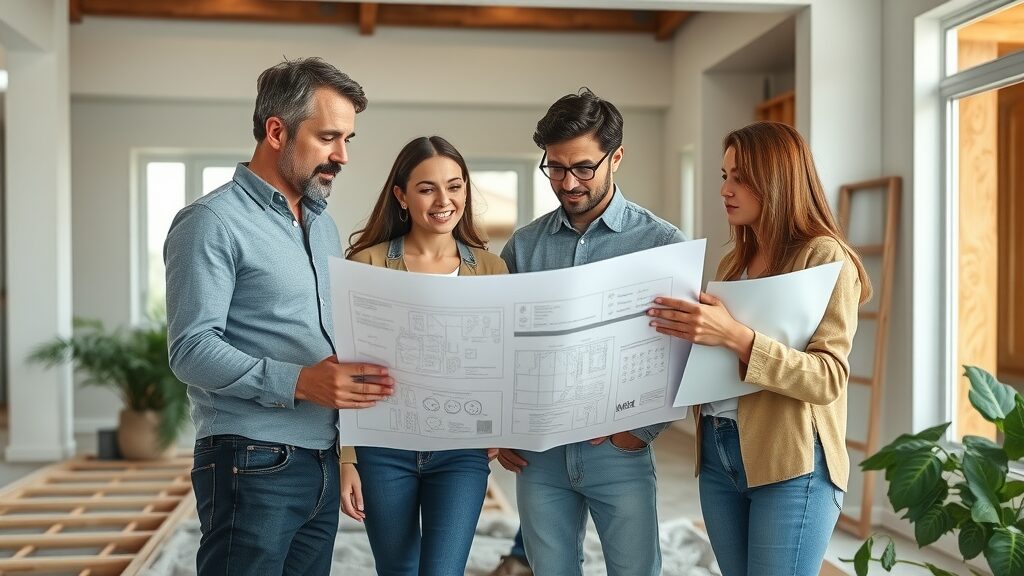 Family and contractor discussing eco-friendly flooring plans, reviewing blueprints, sustainable flooring installation strategy