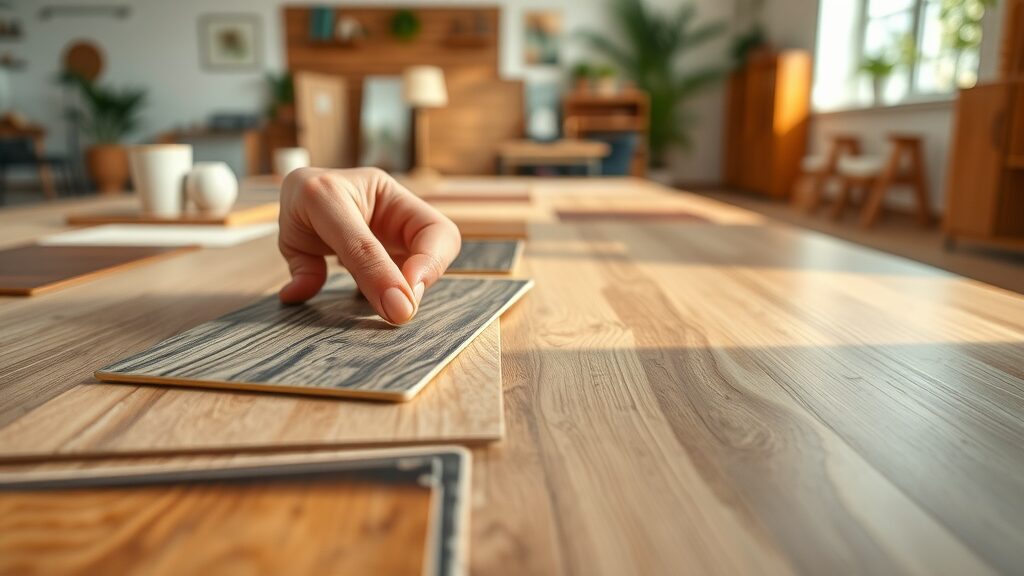 close-up array of flooring material samples, hand selecting a sample, detailed textures, light-filled design studio
