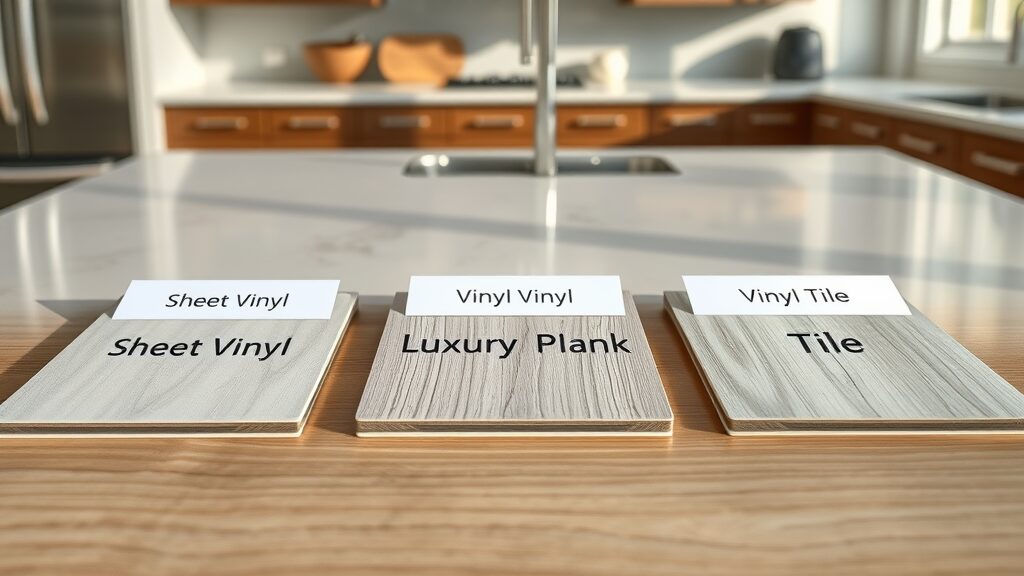 Close-up product comparison of sheet vinyl, luxury vinyl plank, and vinyl tile options for Missouri flooring