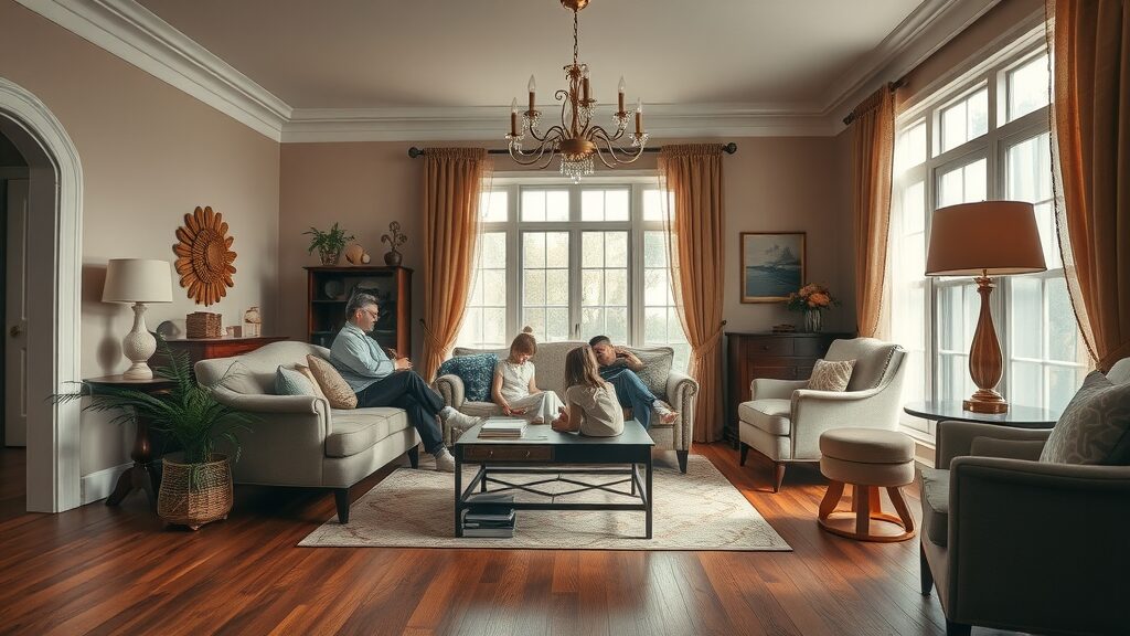 Timeless hardwood floor design ideas in a spacious living room with traditional and modern decor