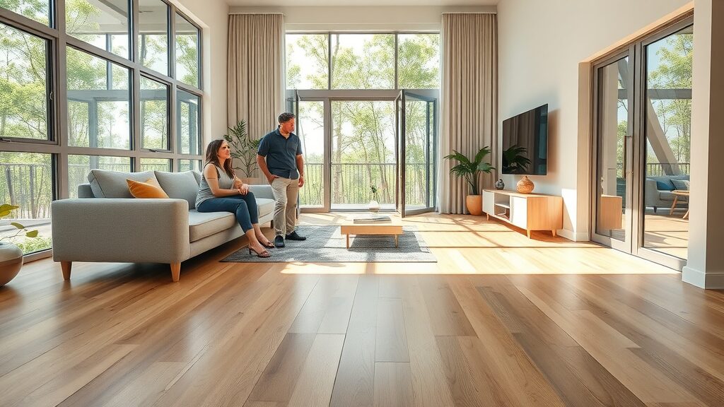 sleek bamboo flooring in a contemporary living room with sunlight and lush greenery; sustainable flooring options demonstration