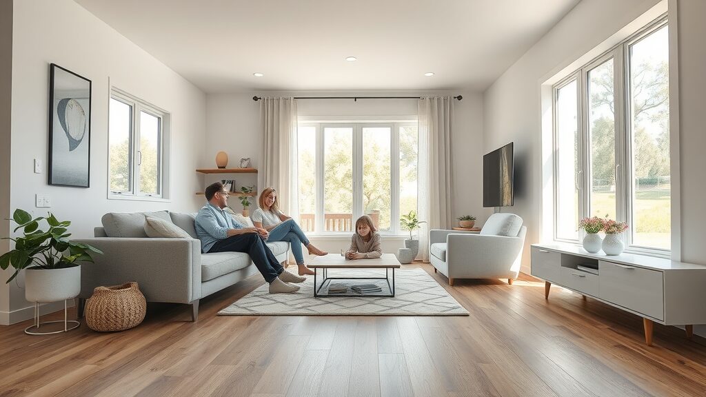modern Missouri living room with luxury vinyl plank flooring, bright and welcoming atmosphere, a family enjoying the space, natural wood grain on the floor, sunlit space with big windows, vinyl plank flooring styles missouri