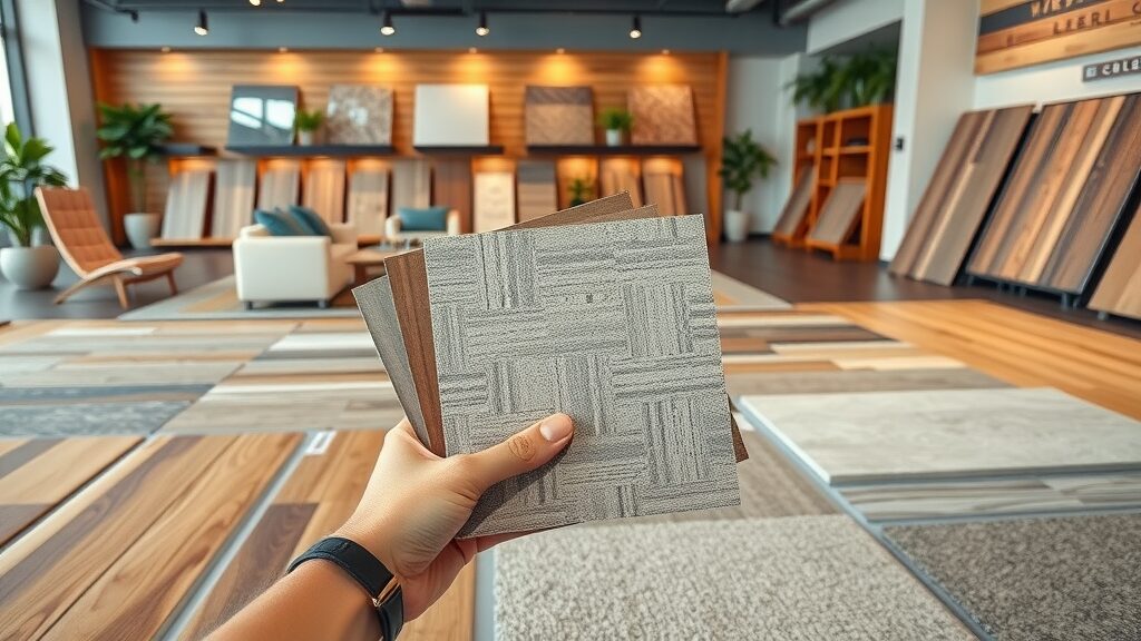 Diverse flooring samples including luxury vinyl, hardwood, carpet and ceramic tile in St. Charles MO showroom held by a professional designer