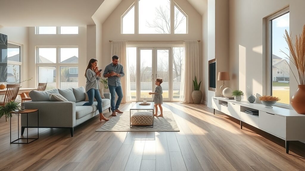 sleek modern living room interior featuring luxury vinyl plank flooring Missouri, family-friendly design, sunlight streaming through windows
