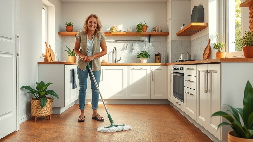 Welcoming kitchen with cork flooring, homeowner cleaning with a damp mop, sustainable cork floor option