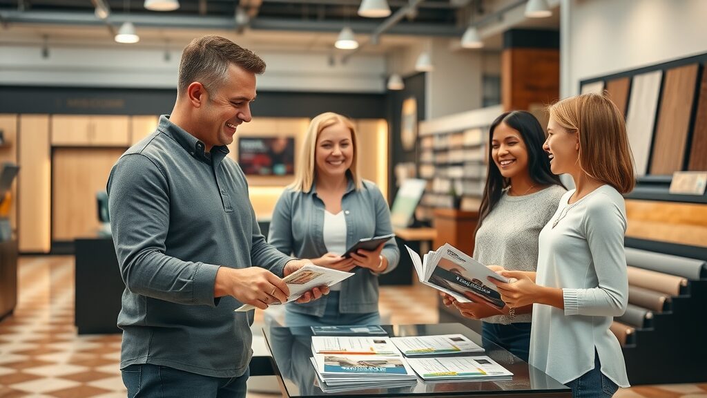 friendly Missouri flooring expert consulting a family in a stylish showroom, samples and warranty pamphlets on table, vinyl plank flooring styles missouri