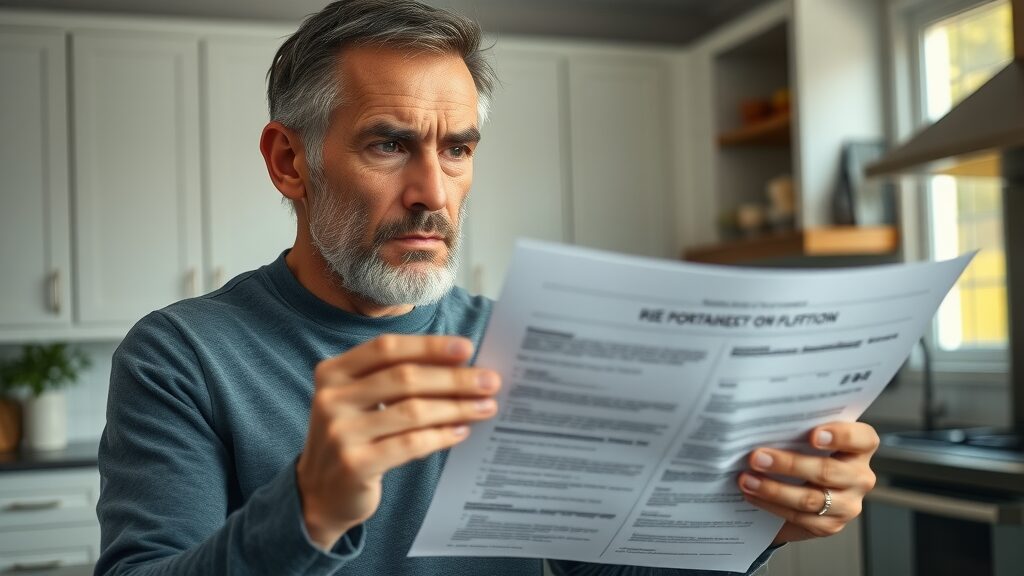concerned homeowner reviewing questionable flooring contractor offer in Saint Charles kitchen