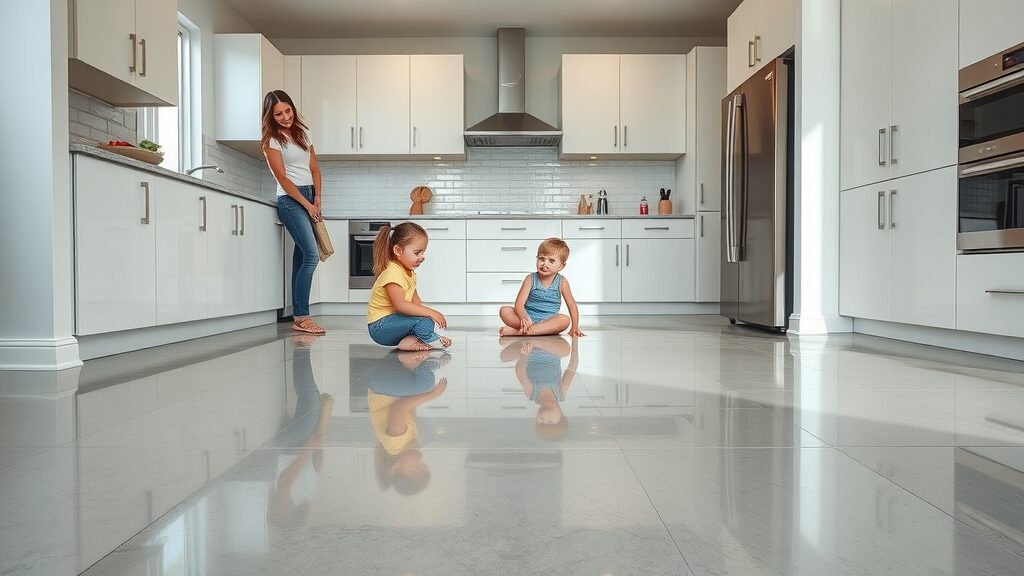 Spacious Missouri kitchen with water-resistant vinyl tile floors, children playing, peaceful home, photorealistic