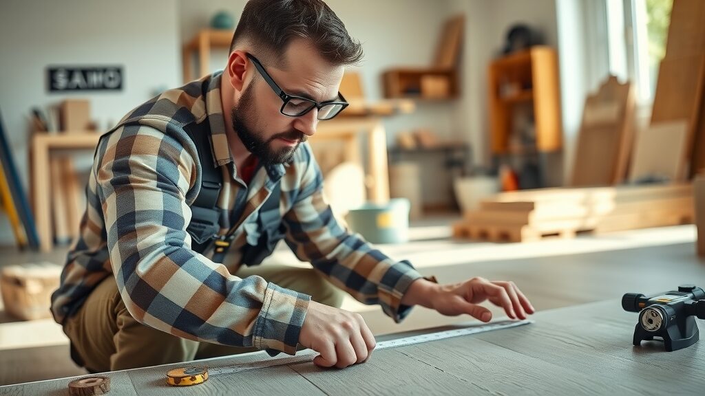 Flooring contractor preparing for installation in St. Charles Missouri home, measuring tools and materials