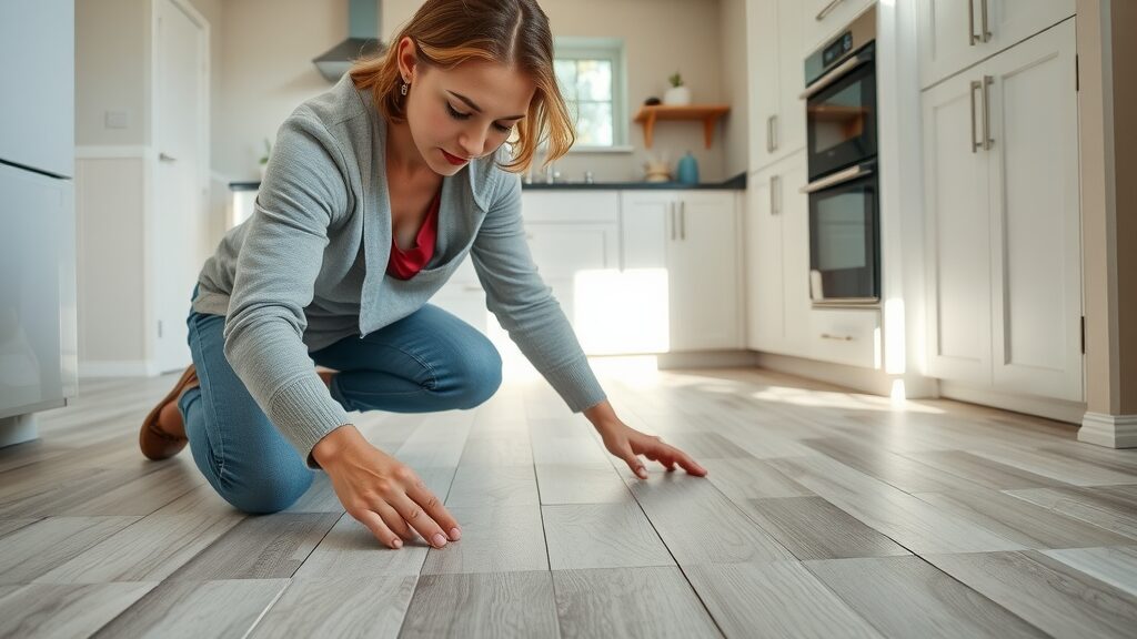DIY homeowner installing vinyl tile, affordable flooring solutions Missouri kitchen