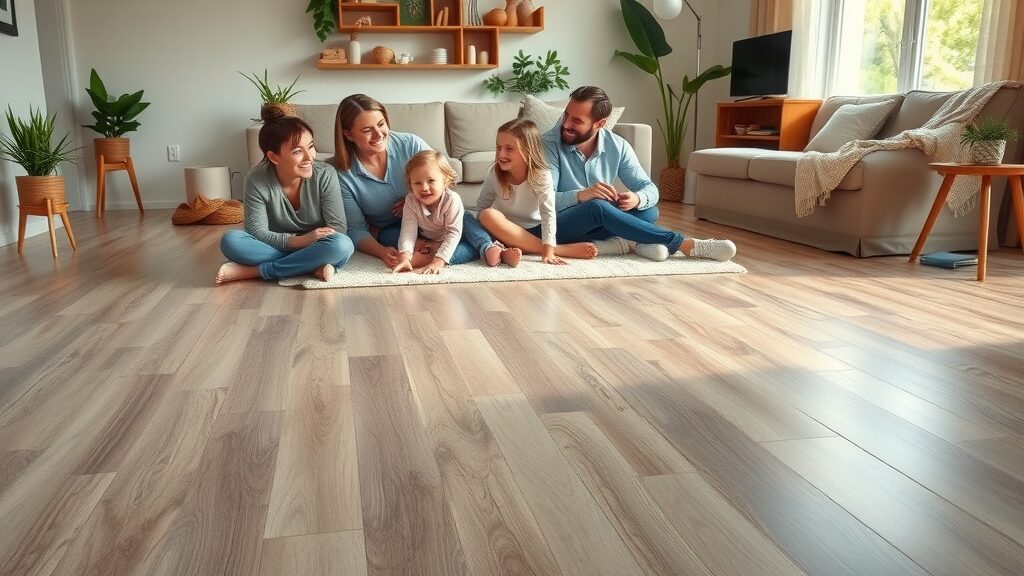 sleek luxury vinyl tile flooring Missouri, family relaxing, affordable flooring solutions living room