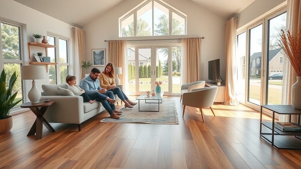 Inviting modern living room with elegant hardwood flooring in St. Charles MO, bright atmosphere with sunlight and lush suburban view