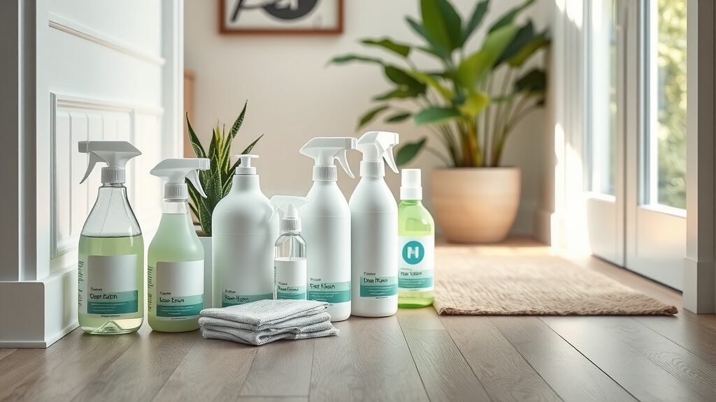 Recommended cleaning products for vinyl plank flooring Missouri - sleek lineup of non-abrasive vinyl floor cleaners beside bright entryway