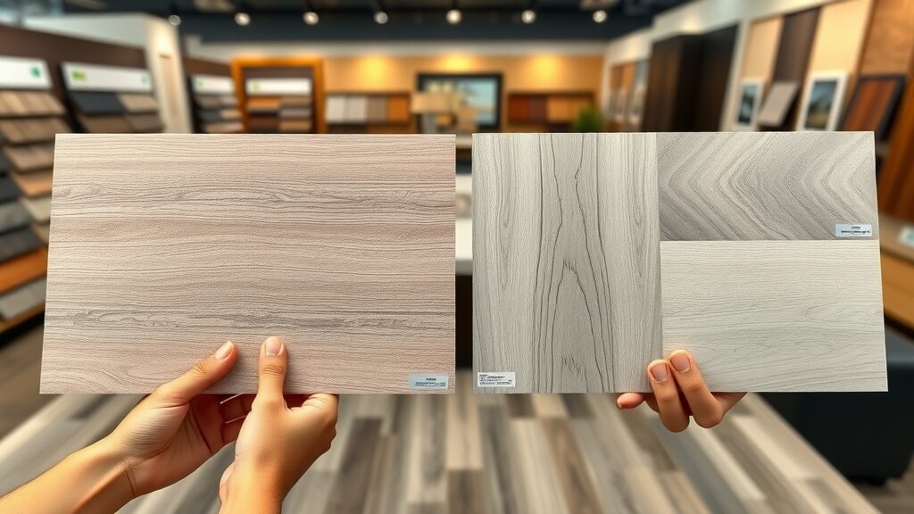 contrasting luxury vinyl planks and standard vinyl planks compared, Missouri showroom close-up sample boards