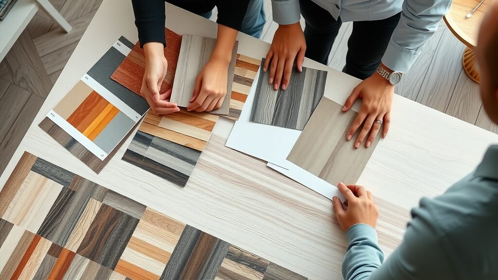 Professional designer reviewing color samples for coordinated floor layouts, different flooring types on table