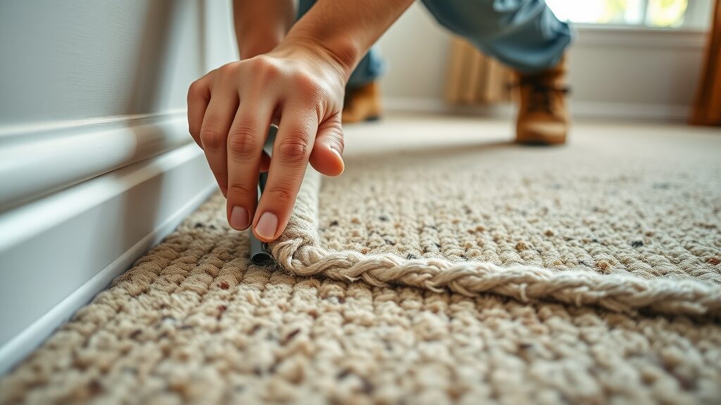 Professional carpet installer at work in St Charles MO, installing carpet with precision in residential bedroom
