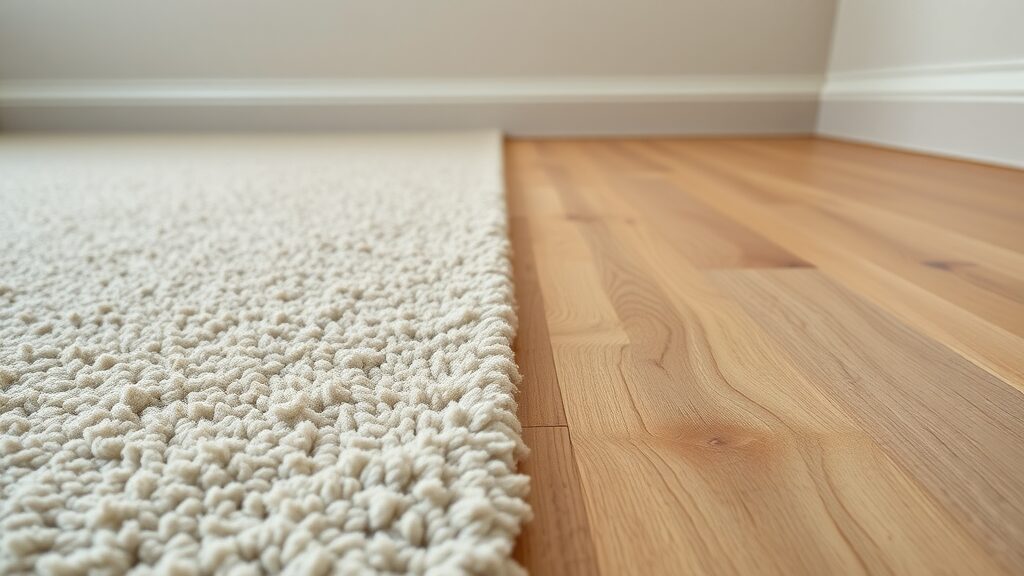 side-by-side view of plush carpet and polished hardwood flooring, illustrating texture and color contrast for carpet vs hardwood flooring