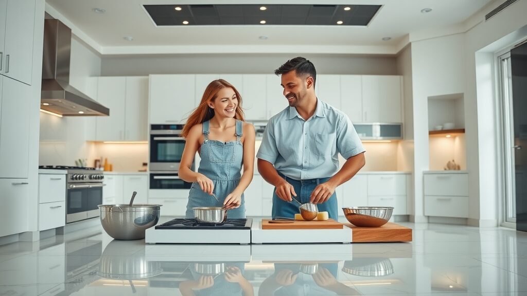 luxurious modern kitchen with porcelain tile floor, contemporary appliances, large format tiles, flooring trends 2025.