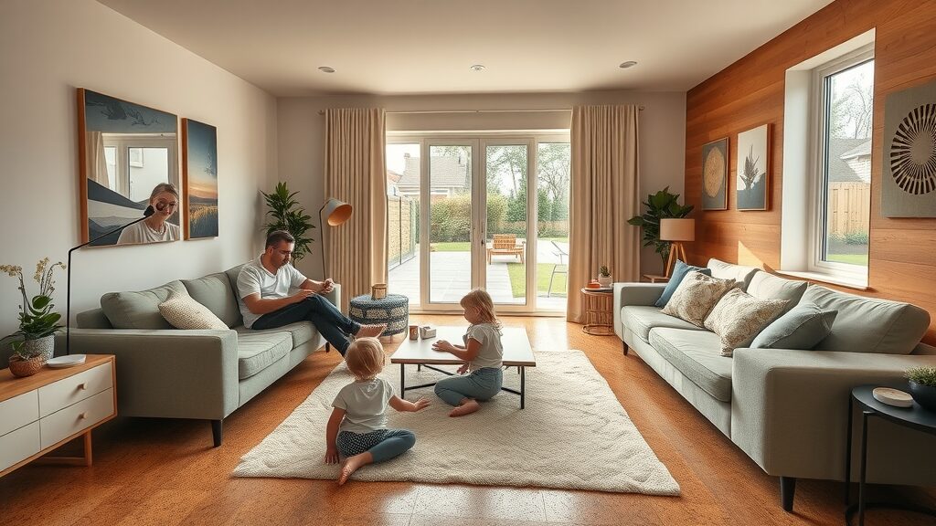 family enjoying cozy cork flooring in a living room; children playing and adults relaxing, cork flooring as green floor