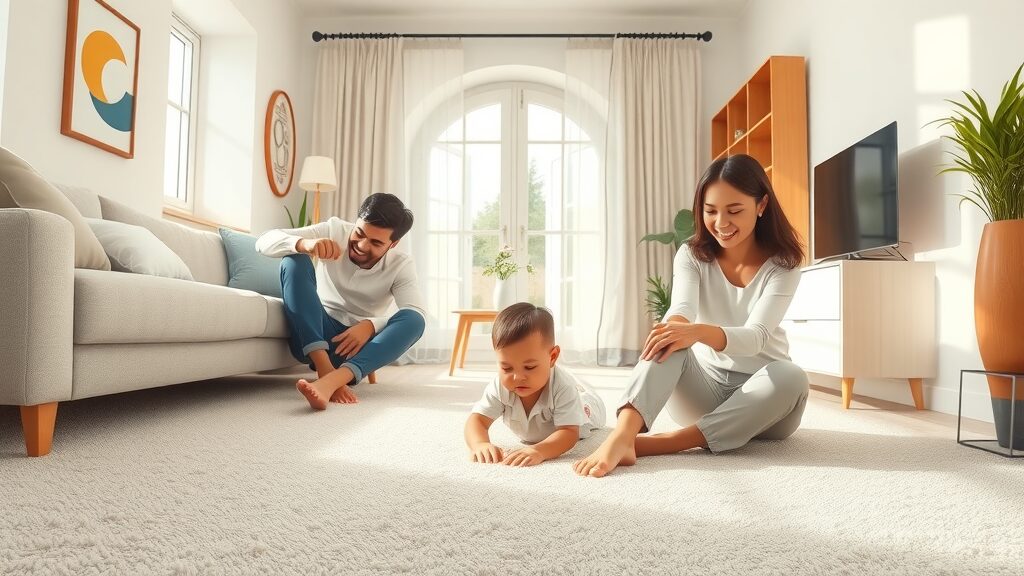 Modern family testing comfort of new carpet install in St. Charles MO, child enjoying plush floor covering