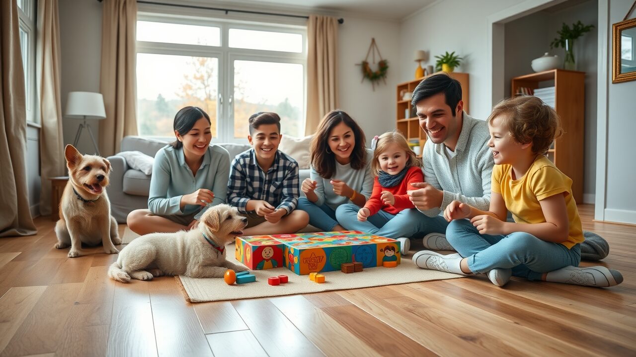 inviting family room with hardwood flooring, family enjoying board games, regional flooring preferences, cheerful living room, pets and children, bright daylight, natural colors