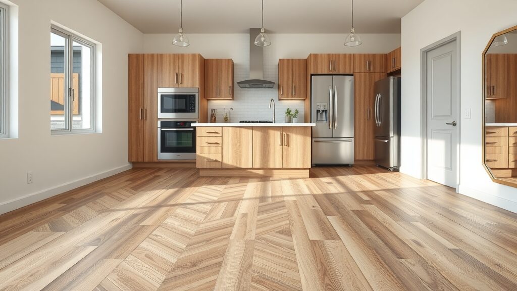 Missouri kitchen with different vinyl plank flooring patterns: straight-lay, herringbone, diagonal, and mixed width, vinyl plank flooring styles missouri