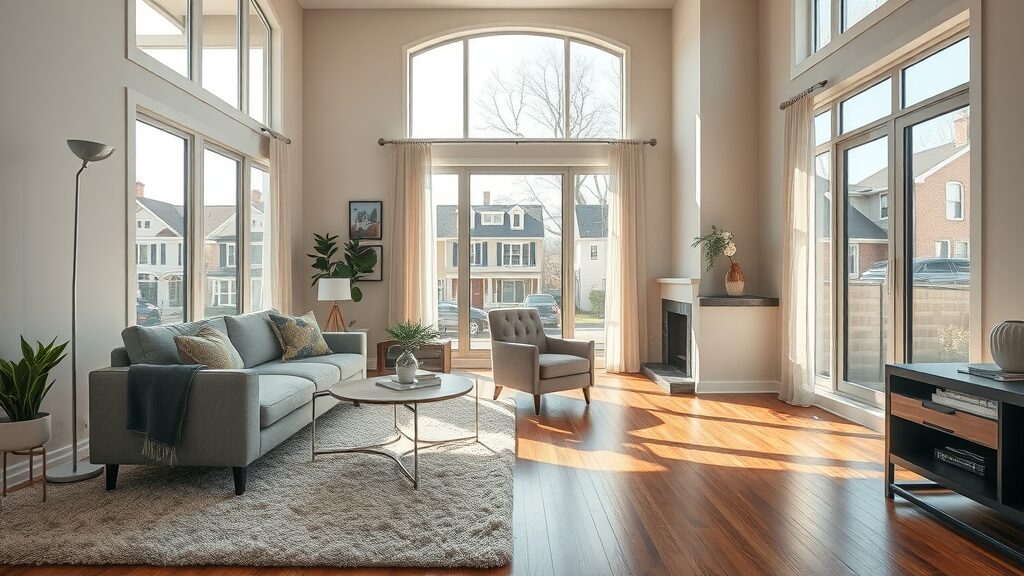 Carpet and hardwood flooring St. Charles MO in living room, sunlight, plush carpet and gleaming hardwood side by side, St. Charles neighborhood