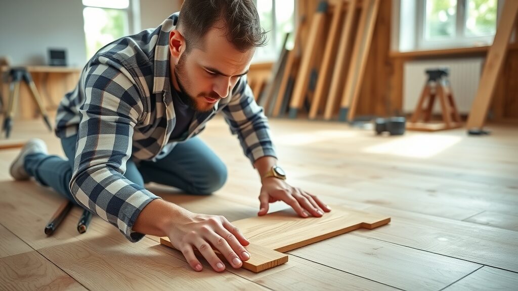 flooring installer laying hardwood planks, illustrating the process of installing hardwood flooring