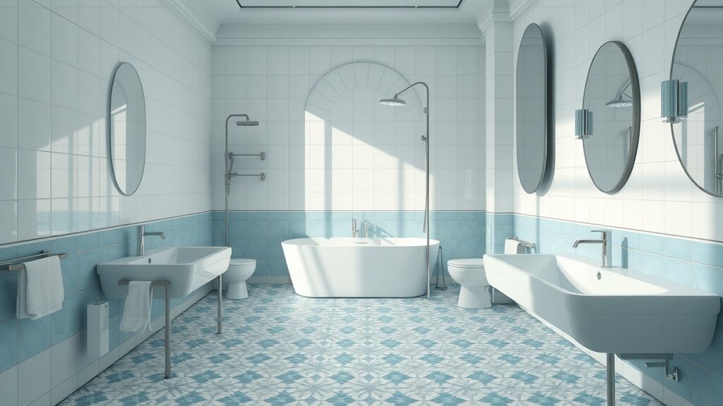stylish bathroom with patterned tile flooring, regional flooring preferences, clean modern interior, soft natural light