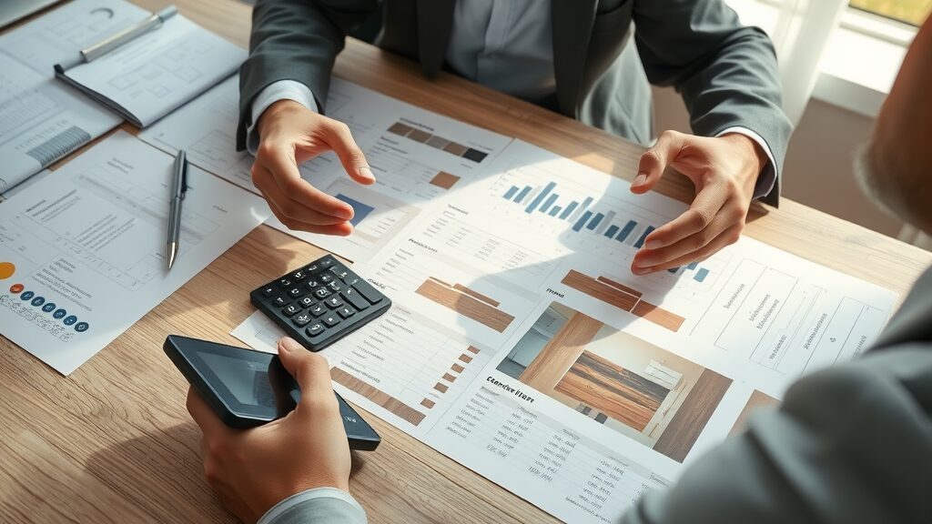 Missouri business owner reviewing commercial vinyl plank flooring cost estimates with samples and documents